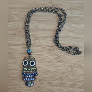 Vintage 90's Art Deco Enamel Owl Articulated Necklace Brass Tone W/ Blue Charm